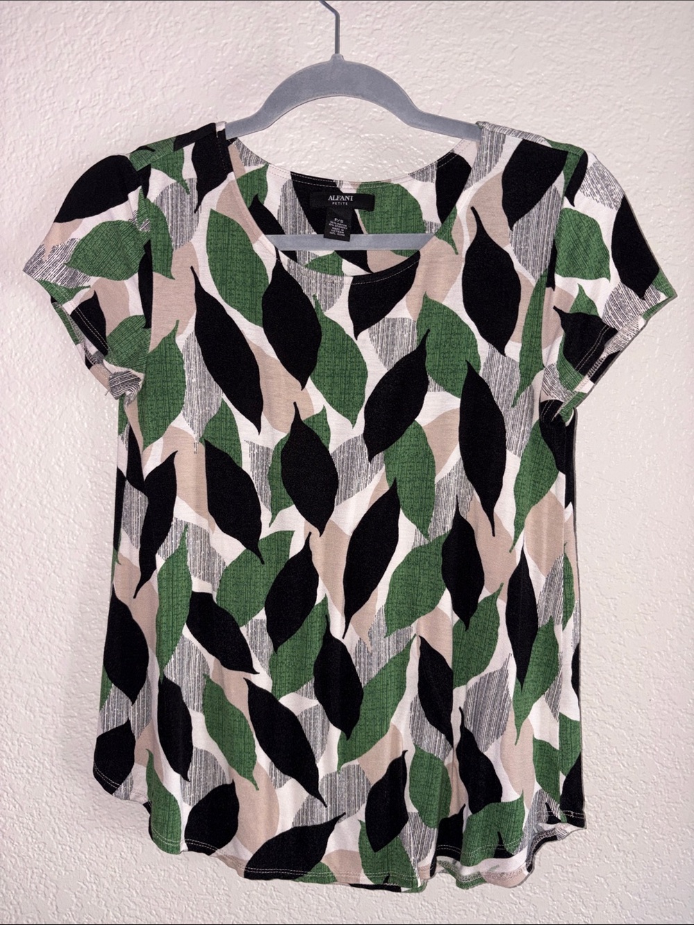 Alfani Green Black Cream Leaf-Print Short Sleeve
